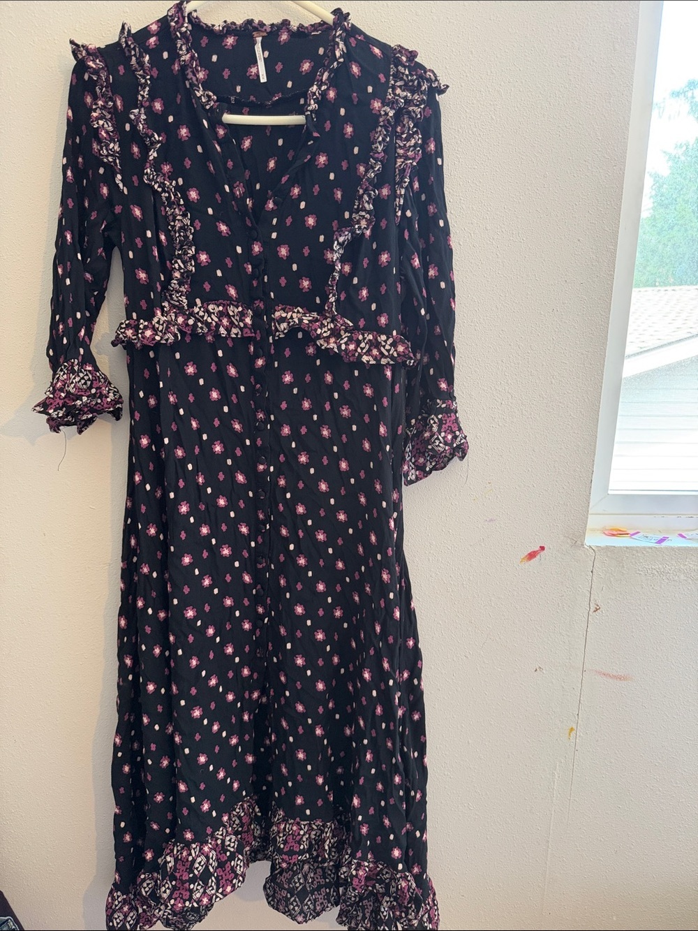 Free People Black Top with Pink Floral Print